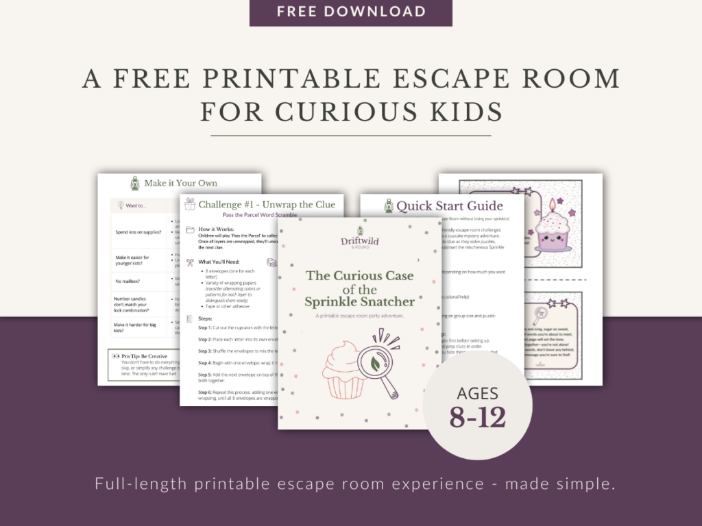 Preview of a free printable escape room for kids ages 8–12, titled The Curious Case of the Sprinkle Snatcher. Includes game setup guide, clues, and colorful themed pages. Full-length, print-and-play party activity.