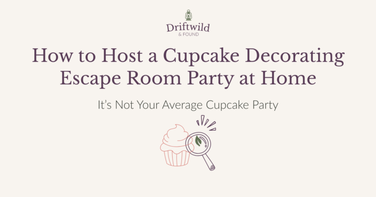 A cream colored rectangle with a text overlay that says 'How to Host a Cupcake Decorating Escape Room Party at Home' and a Subtitle that says 'It's Not Your Average Cupcake Party'