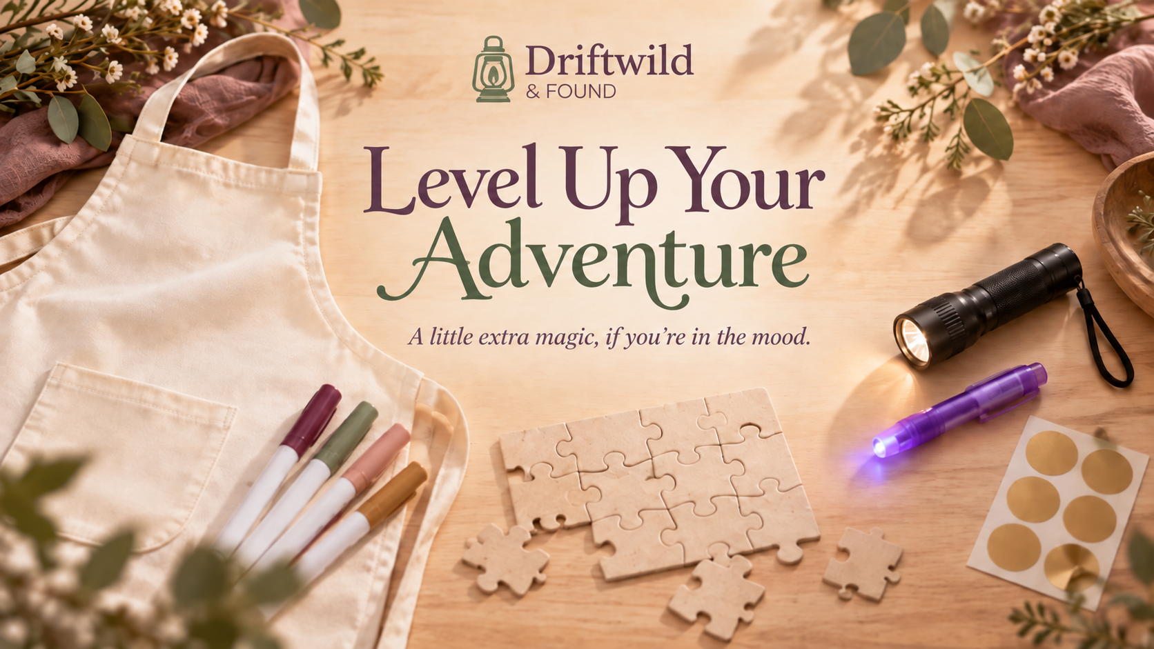Level Up Your Adventure — a little extra magic, if you're in the mood, with an apron, markers, blank puzzle, UV pen and light, and scratch-off stickers