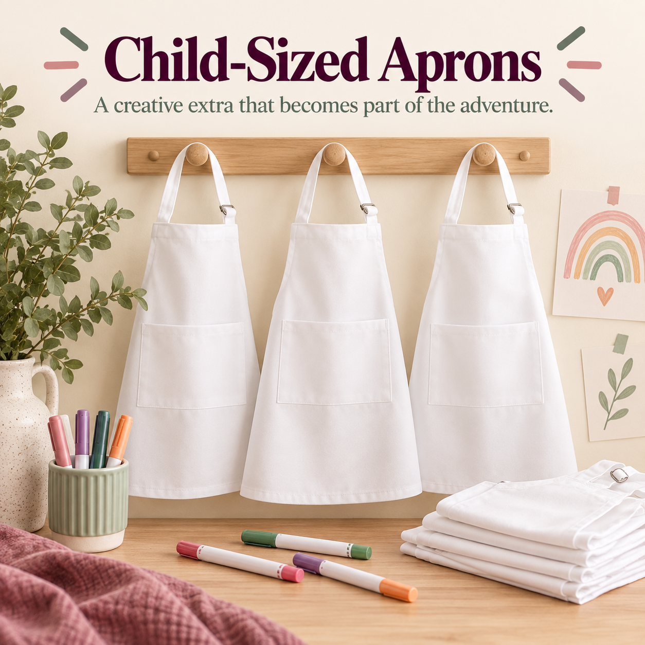 Child-sized white aprons ready to decorate