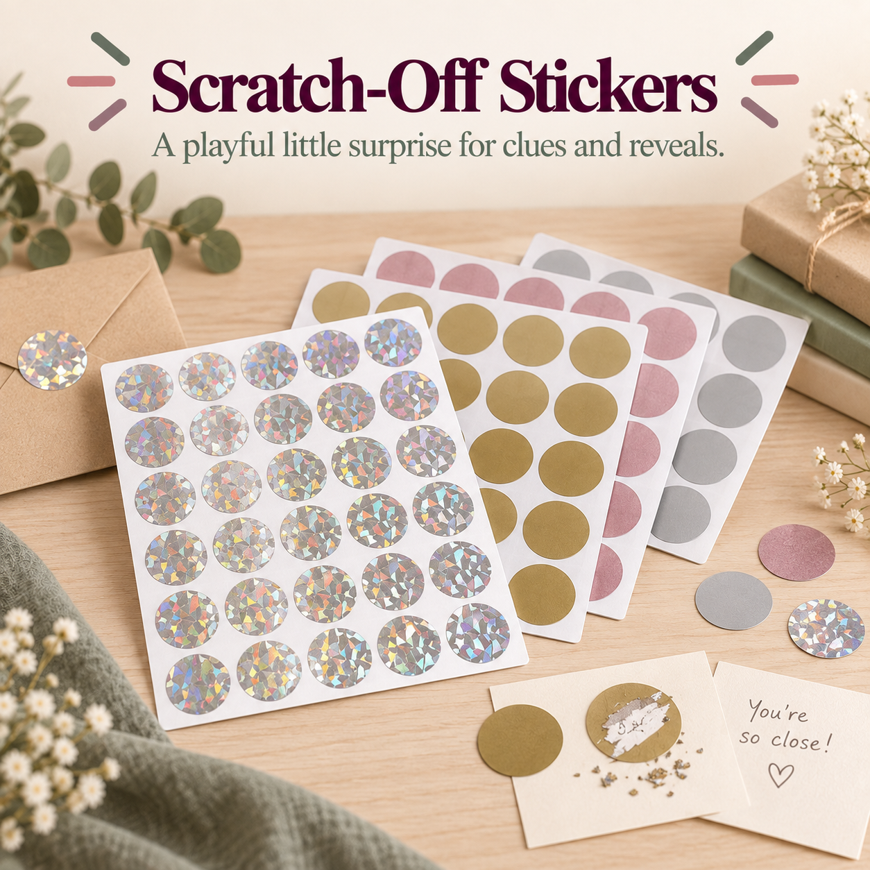 Colourful scratch-off stickers for playful clues and reveals