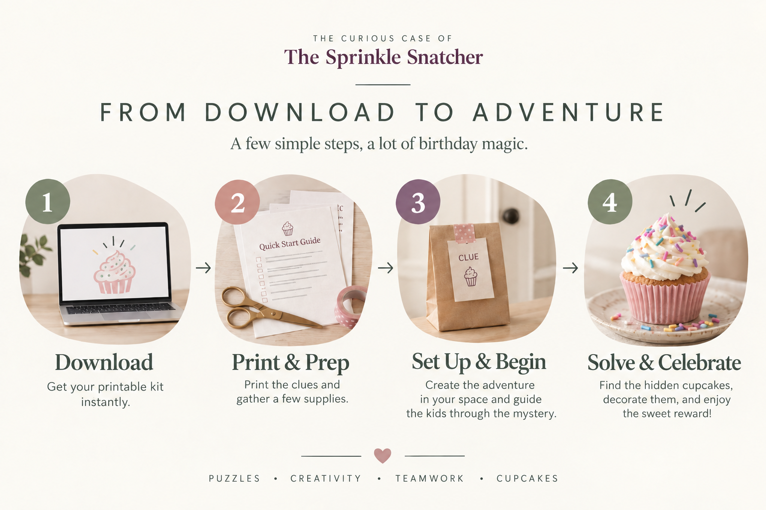 Four steps from downloading The Sprinkle Snatcher to solving the mystery and decorating cupcakes