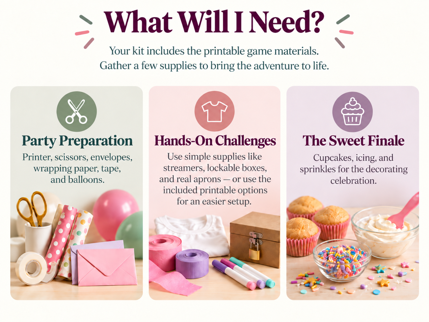 Supplies needed to prepare and host The Curious Case of the Sprinkle Snatcher
