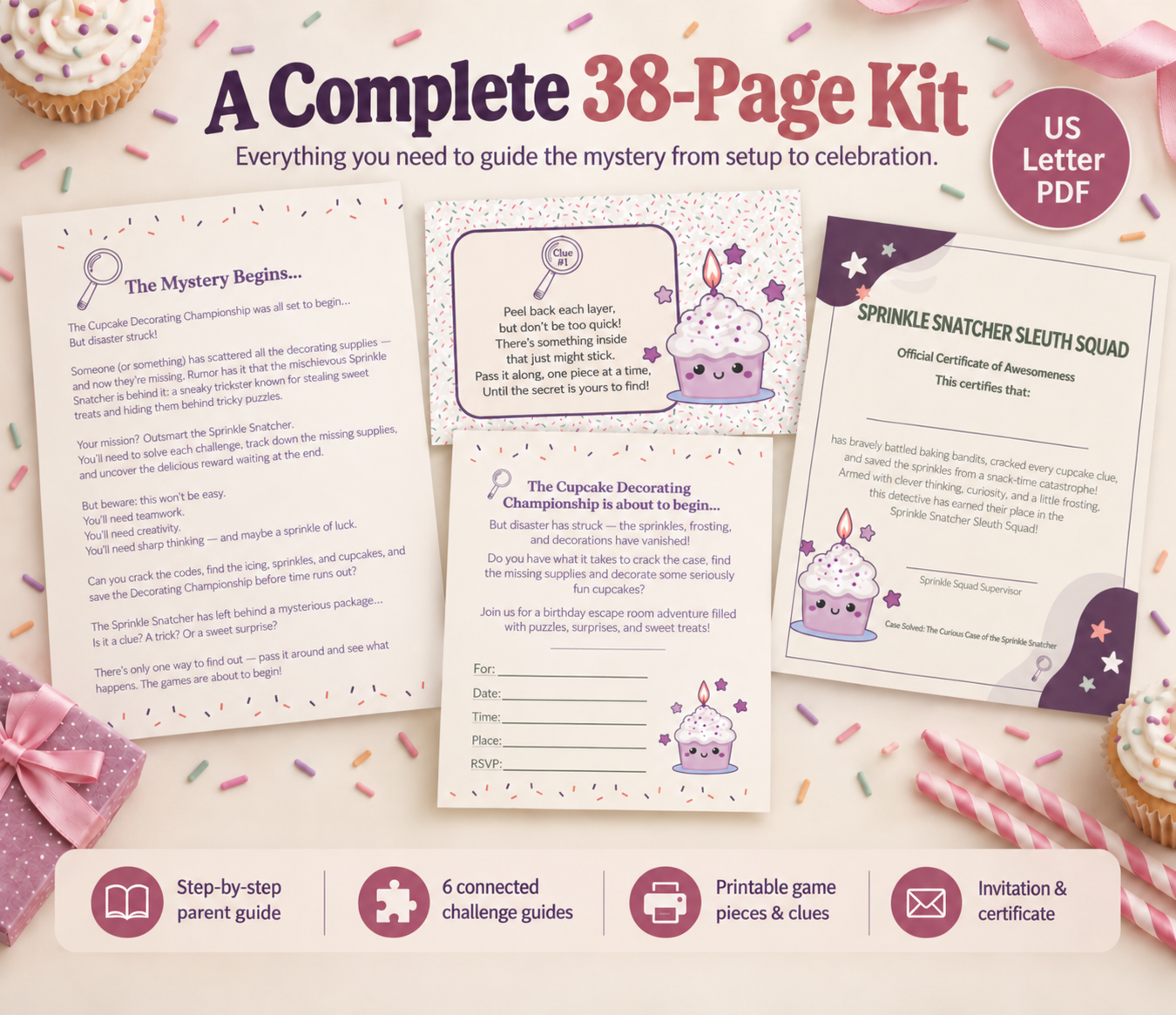 A look inside the complete 38-page Sprinkle Snatcher printable kit