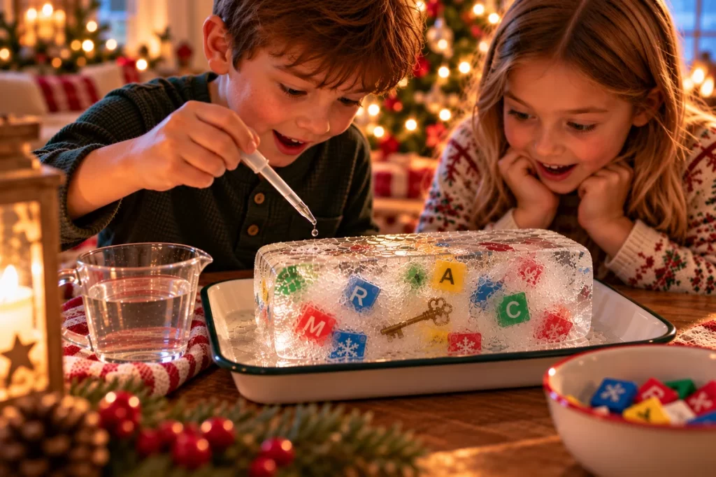 Children melting a Christmas ice block to uncover letters and a key
