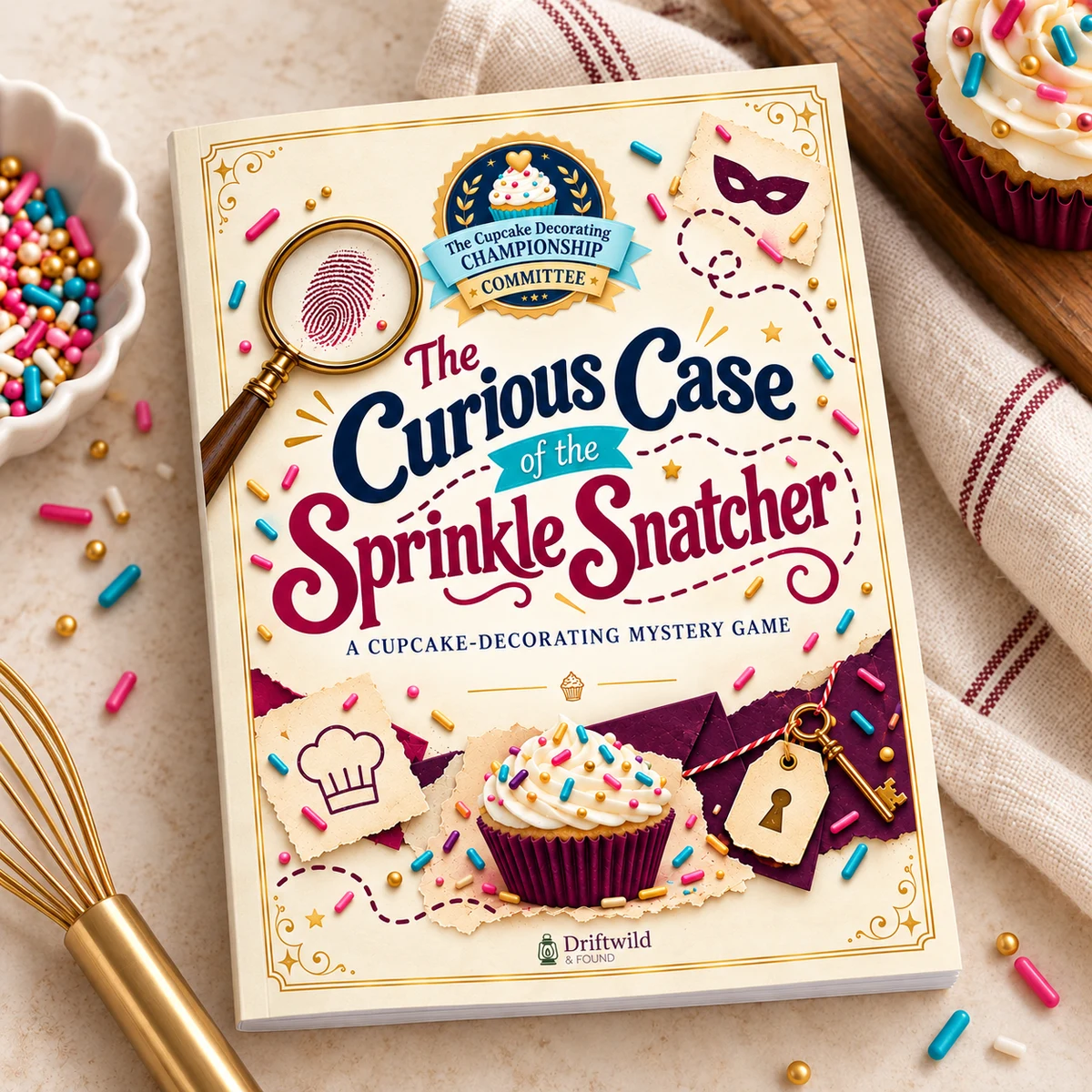 The Curious Case of the Sprinkle Snatcher cover displayed beside cupcake-decorating materials.